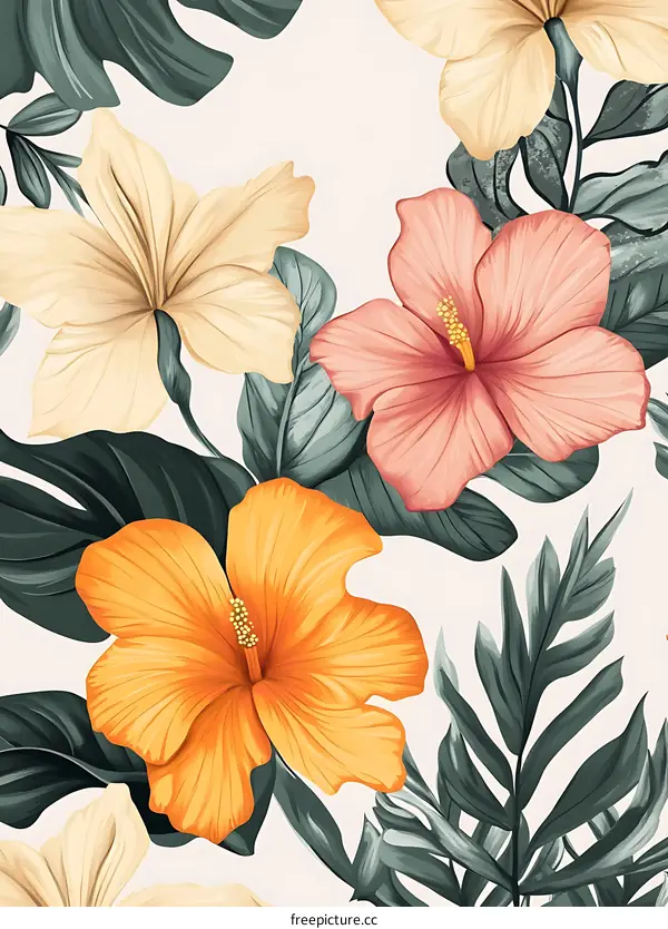 Tropical Floral Pattern with Orange, Pink, and Yellow Hibiscus