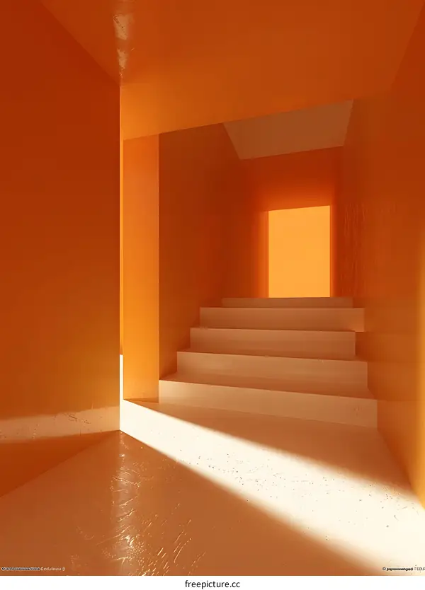 An empty room with orange walls and a staircase.
