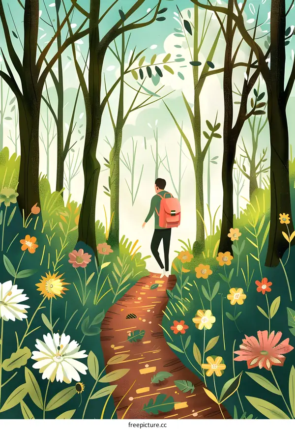 Man Walking On Path Through Forest With Flowers