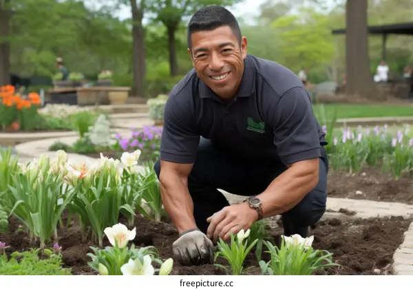 A smiling man planting flowers in a garden
