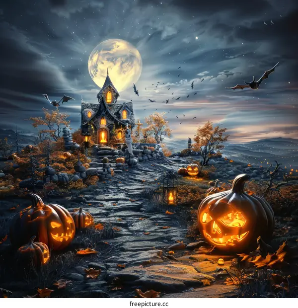 Haunted House on a Hill with a Full Moon in the Background