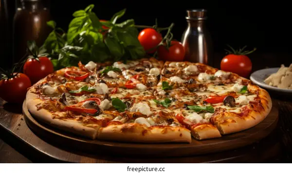 A delicious pizza with mushrooms, peppers and basil