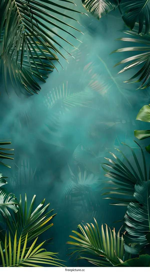 Tropical Palm Leaves Frame on Teal Background