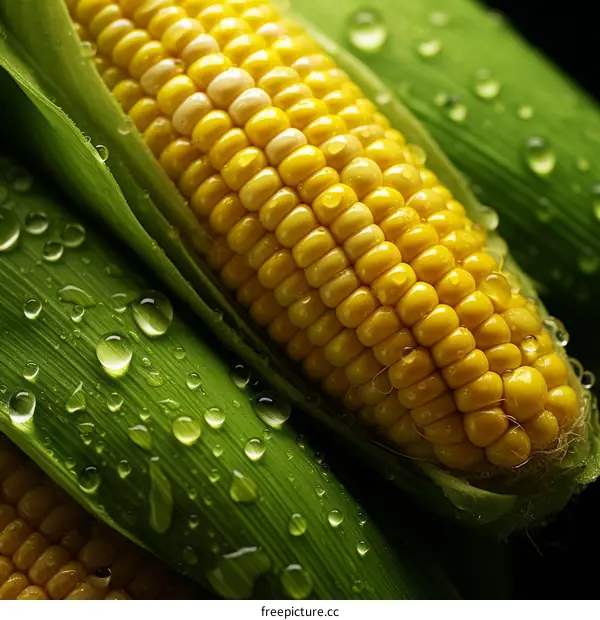 Close-up of a cob of corn with water drops on the leaves