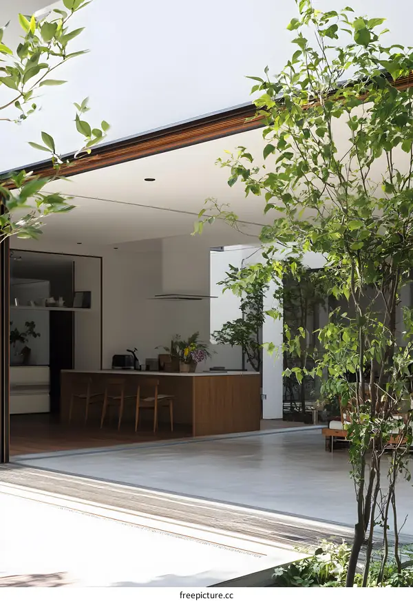 Modern Minimalist Kitchen Design with Outdoor Patio and Greenery