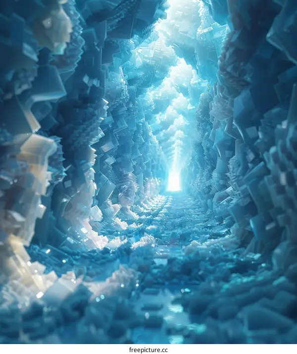 Mystical Blue Crystal Cave with Light at the End