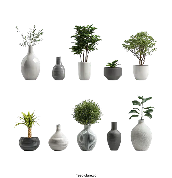 [Transparent Background PNG]Different Plants in Modern Ceramic Pots