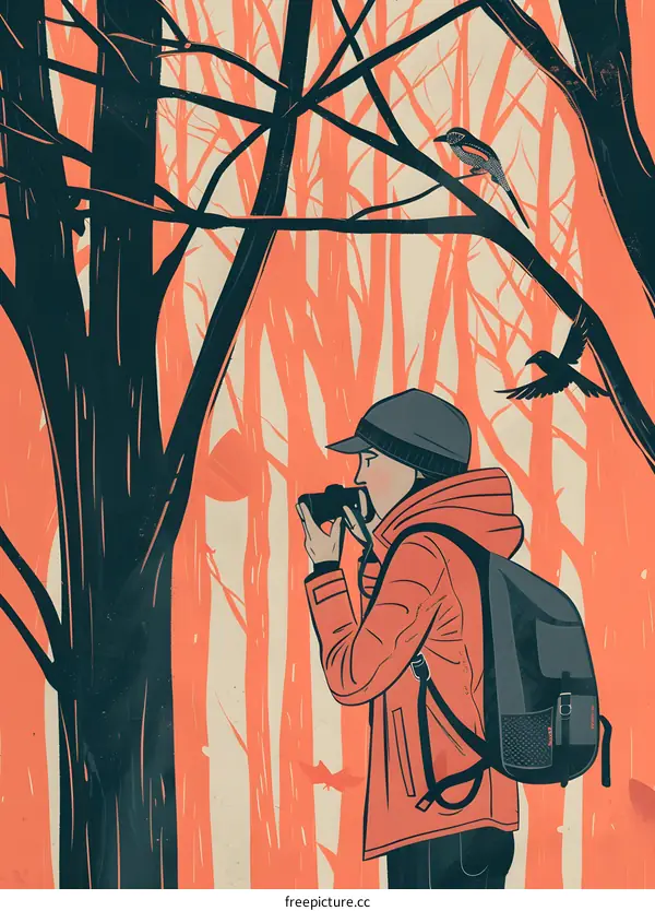 Woman in Red Jacket Taking Photos in the Woods