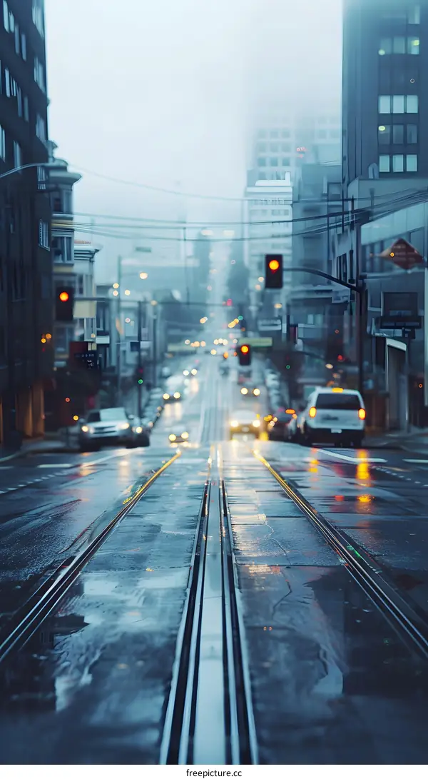 Street View of City with Tram Tracks in Fog
