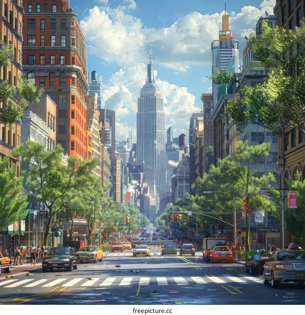 Vibrant City Street Scene with Skyscrapers