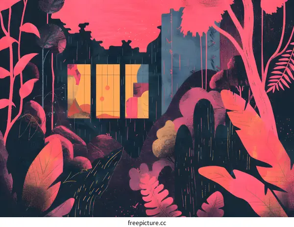 Abstract Illustration of a Building with Pink and Yellow Colors