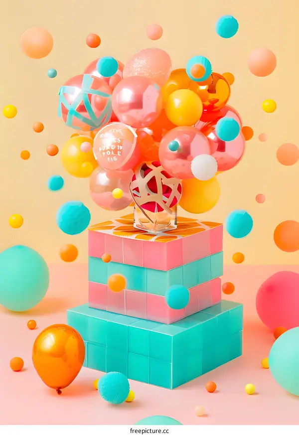 Colorful Balloons With A Perfume Bottle On A Stack Of Cubes