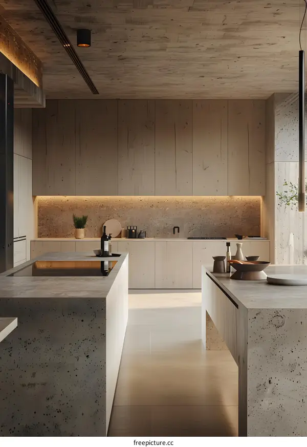 Modern Minimalist Kitchen Interior Design With Concrete Countertops and Wooden Cabinets