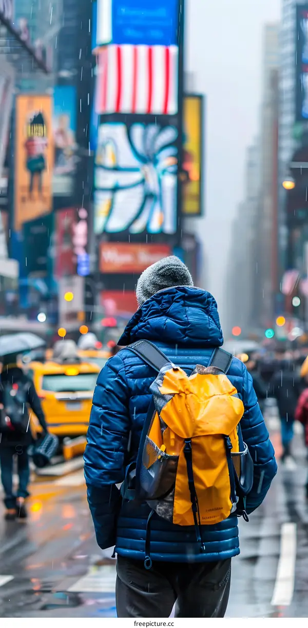Man in a Blue Jacket Walking in the Rain in Times Square