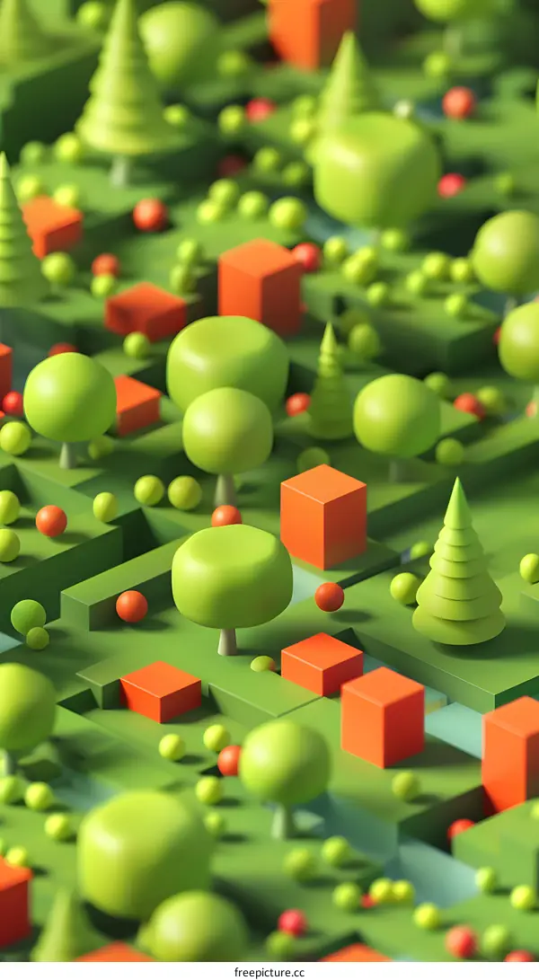 3D Illustration of a Green Forest with Red and Orange Geometric Shapes