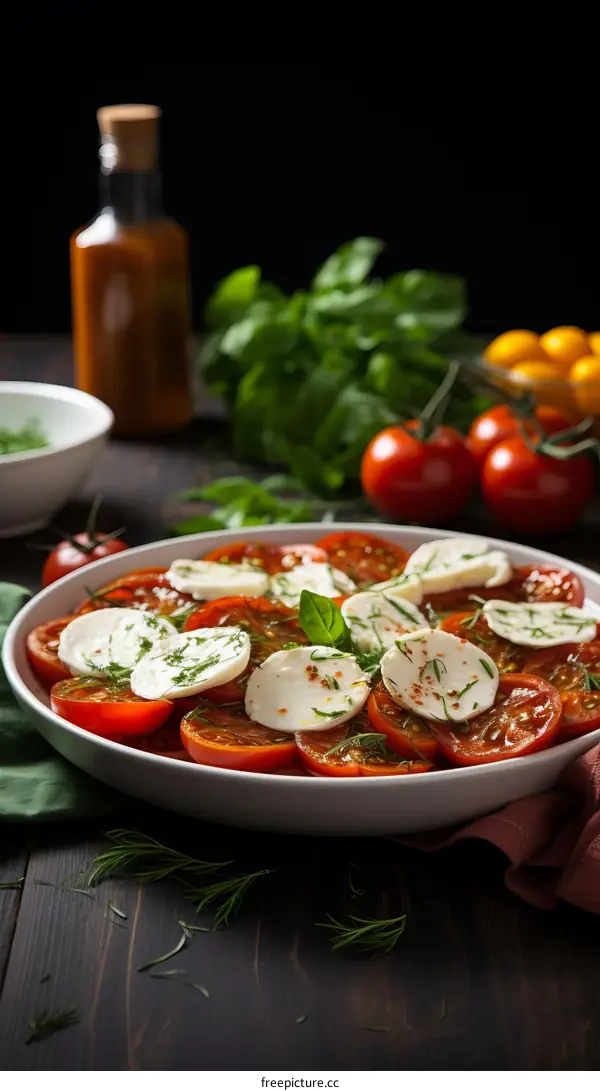 Fresh and tasty tomato salad with basil and mozzarella cheese
