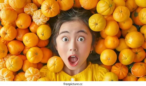 Little girl laying in pile of mandarin oranges