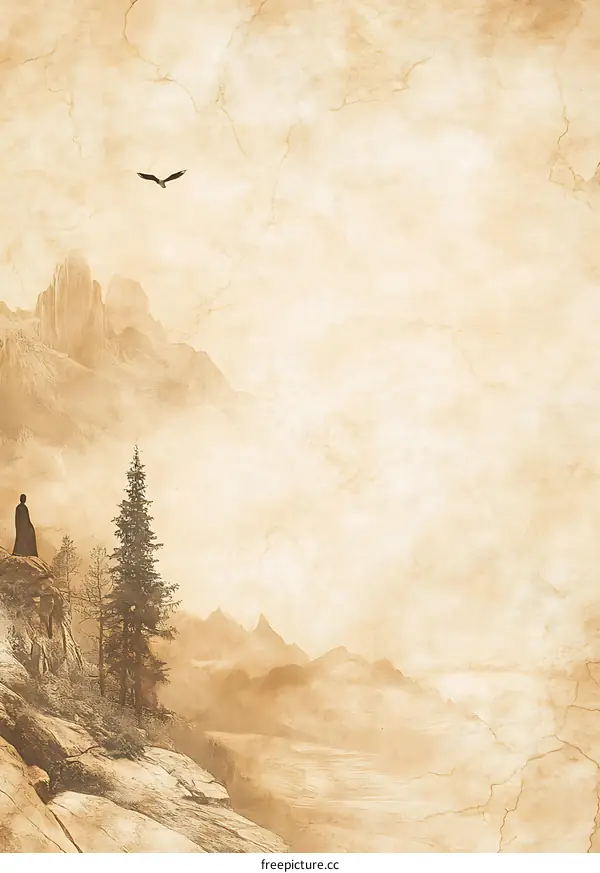 Man Standing on Mountain Cliff with Eagle Flying Overhead