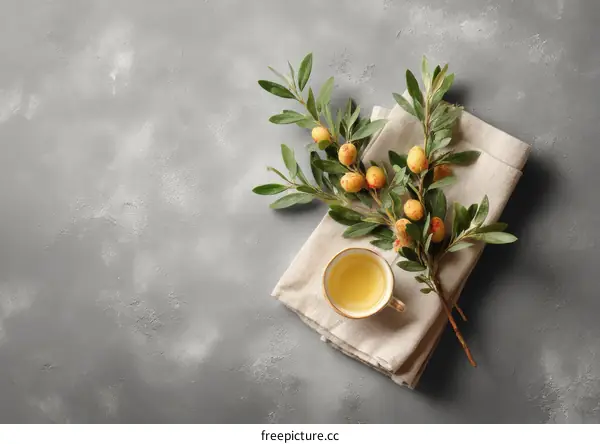 Natural Olive Branch and Teacup Composition on Gray Surface
