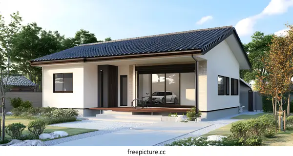 Modern Japanese Style House with a Wooden Deck and a Car in the Garage