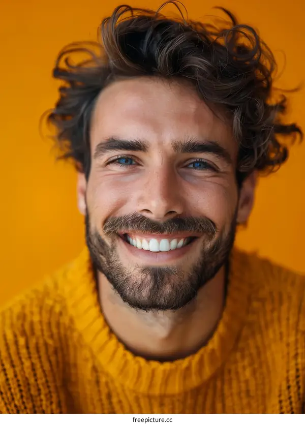 Close-up Portrait of a Smiling Man in a Mustard Yellow Sweater