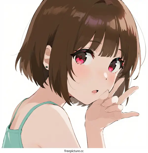 Cute young woman with short brown hair and red eyes