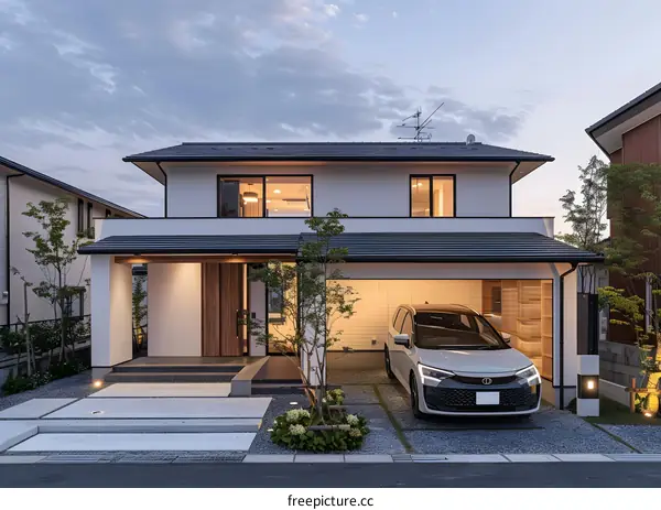 Modern White Two Story House with Car Garage and Yard