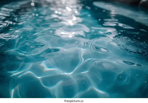 Close-up of the surface of blue water with sun reflection