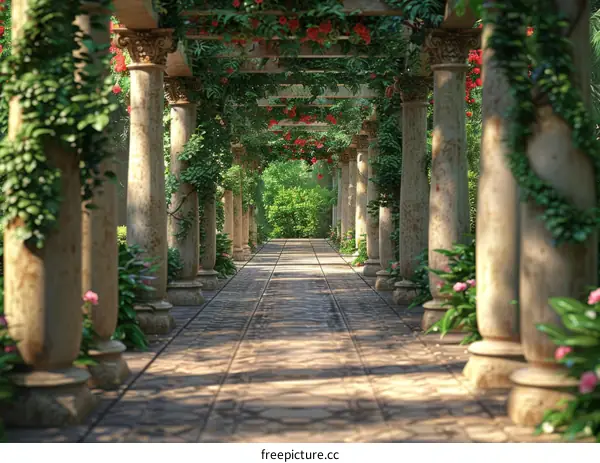 Stone Pillars with Climbing Plants and Flowers in the Garden