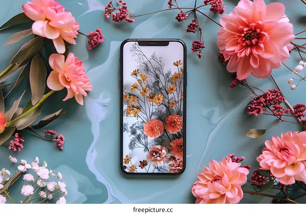 Phone Screen with Flower Pattern Surrounded by Flowers