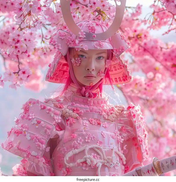 Samurai Girl with Pink Blossoms