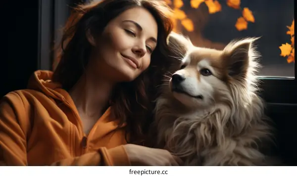 A young woman and her dog are sitting in a car and looking out the window.