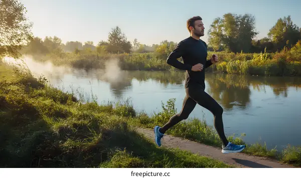 Man Running Along River Path in Morning Fog