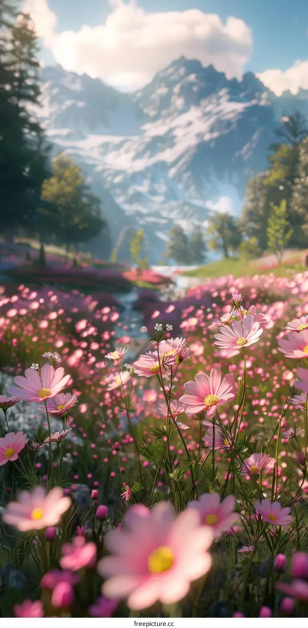 Pink Cosmos Flower Field with Distant Mountains