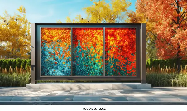 Colorful mosaic mural of leaves on a city street with autumn trees in the background