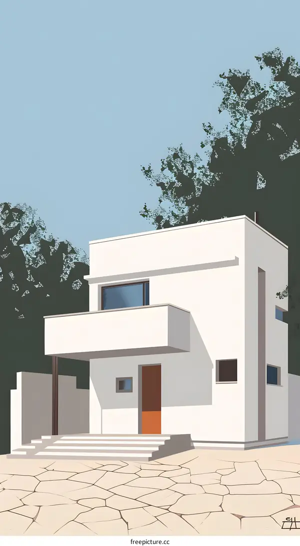 Modern House with Cracked Ground and Trees in the Background