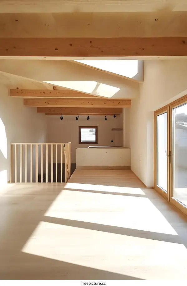 Modern House Interior with Wooden Beams and Skylights