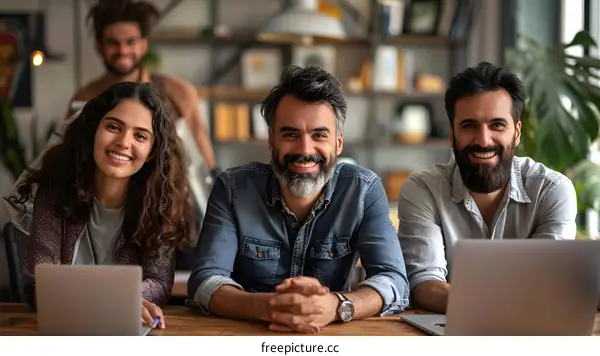 Three smiling business professionals sitting at a table and looking at the camera
