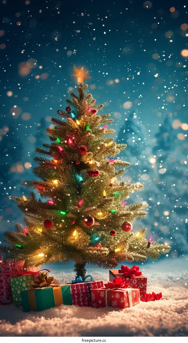 Christmas tree with presents in the snow