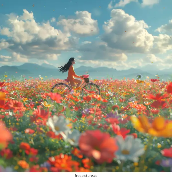 A woman riding a bicycle through a field of flowers