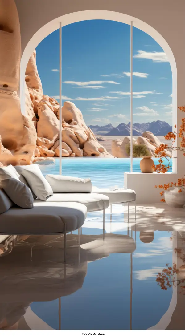 Modern architecture house interior with pool and large windows