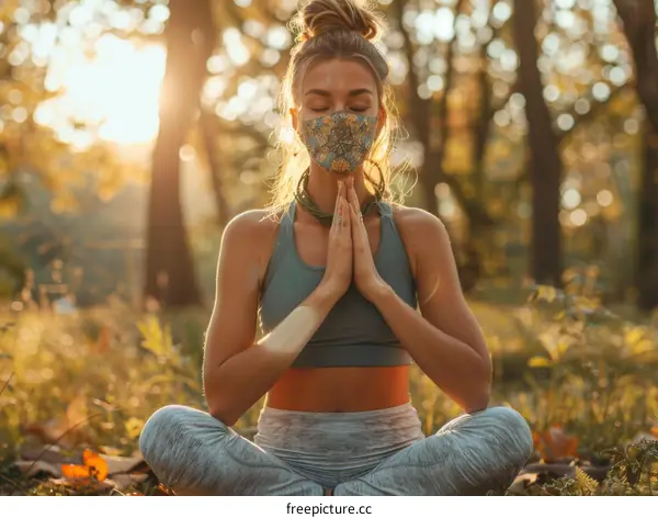 Young woman in sportswear and medical mask doing yoga in autumn park