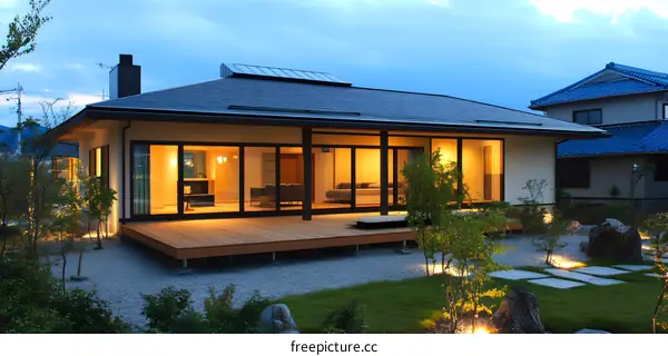 Modern Japanese House with Wooden Deck and Gravel Garden