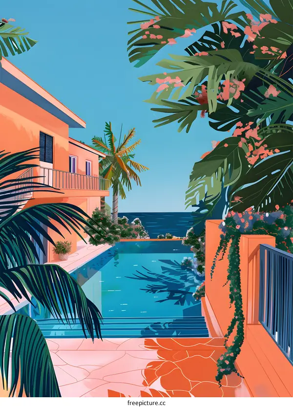 Tropical Villa with Swimming Pool and Ocean View Illustration