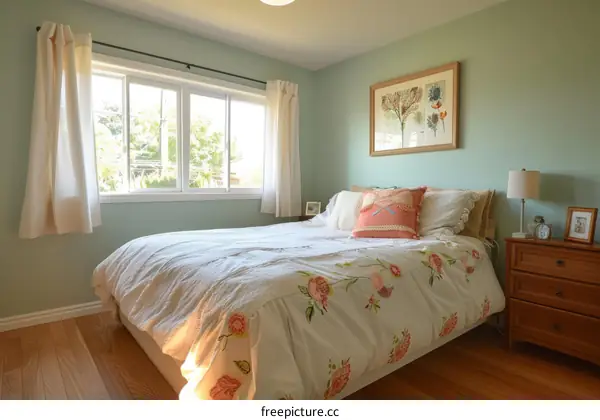 A cozy bedroom with a soft bed, a nightstand, and a dresser