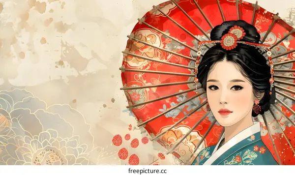 An illustration of a beautiful woman in a traditional Korean hanbok holding a red parasol.