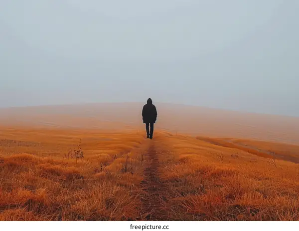 Man walking alone in a foggy field