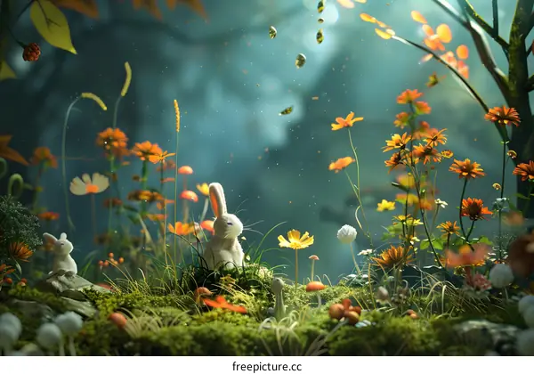 Two White Bunnies In A Magical Forest