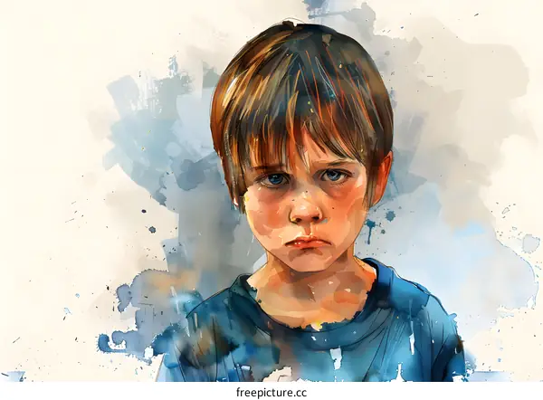 Portrait of a sad looking boy with brown hair and blue eyes