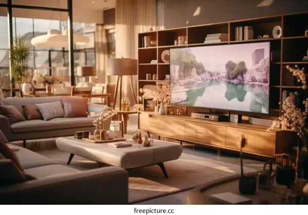 Modern living room interior design with large tv and comfortable sofa